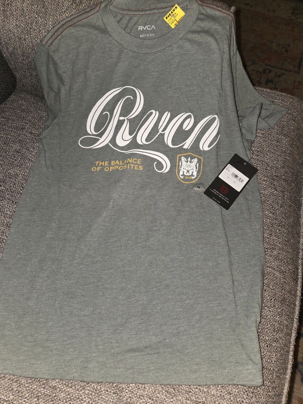 RVCA Men's Heather Gray Script Logo Tee with Gold Crest
